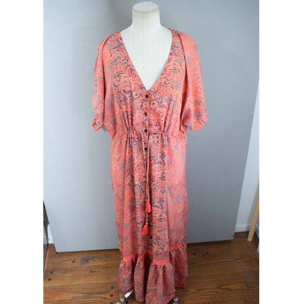 boemo Maxi Dress Small Tiered Floral Paisley Drawstring Button SS Anthro
